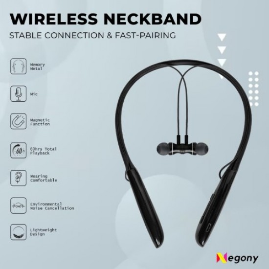 Negony Neckband X30 Pro - Wireless Bluetooth Earphones Black with 60 Hours Playtime