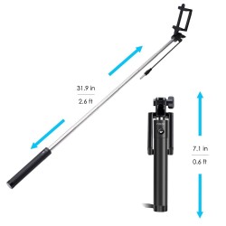 Compact Wired Monopod Extendable Selfie Stick with AUX Wire Built-in Remote for All Smartphones Black