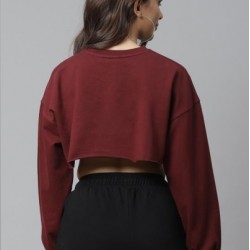 Women Printed Crop Top Sweatshirt (Maroon)