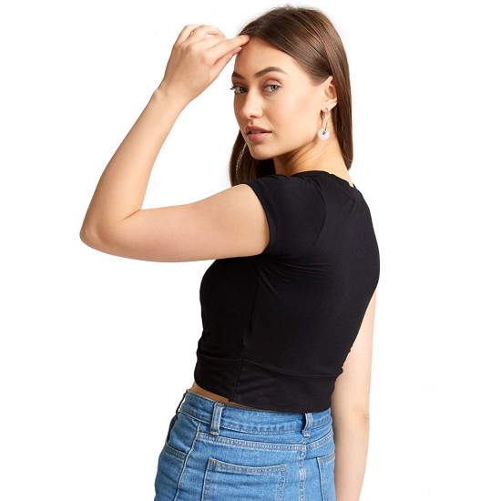 Women Twisted Solid Crop Top (black)