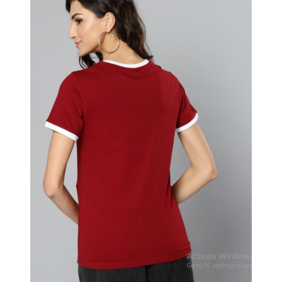 Women Solid Ringer T-shirt Maroon
