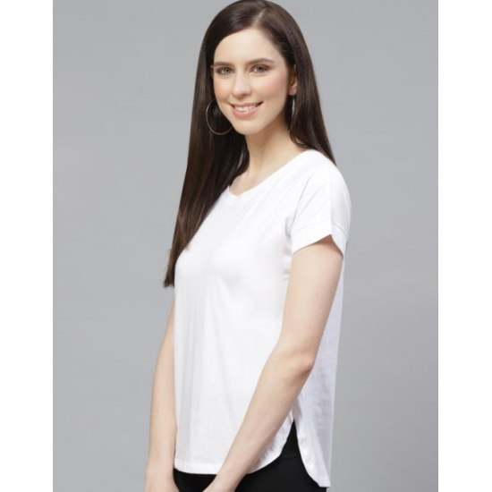 Women High-Low Solid Long Tshirt (White)