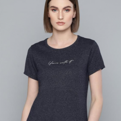 Women Foil Printed Round Neck T-Shirt Navy Blue