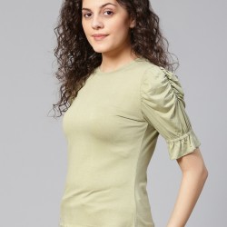 Women Olive Green Sleeves Rushing Top