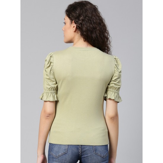 Women Olive Green Sleeves Rushing Top
