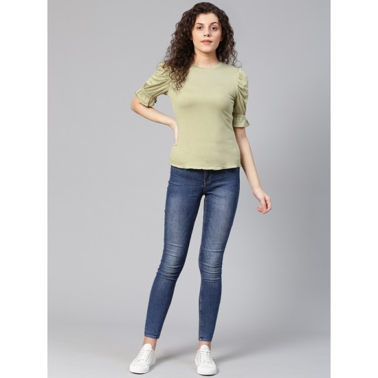 Women Olive Green Sleeves Rushing Top