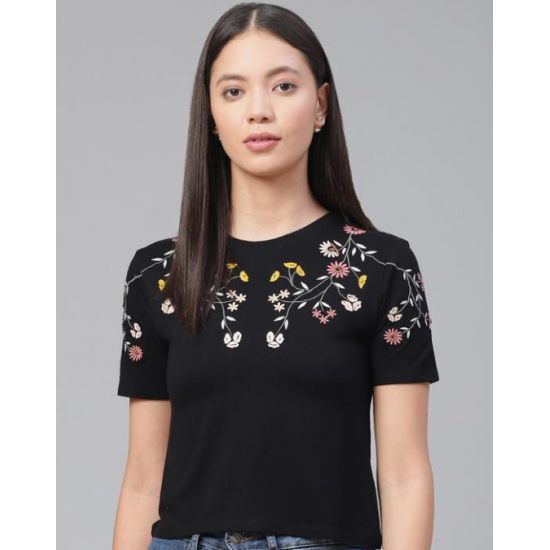 Women Embroided Crop Top (Black)