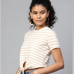 Women Front Knot Striped Top (Beige)