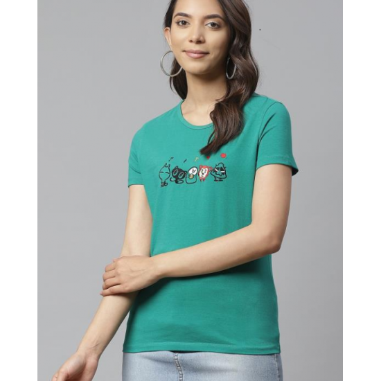 Women Embroidery Basic T-shirt Green