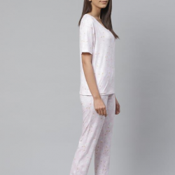 Women Printed Drop Shoulder Nightsuit Pink