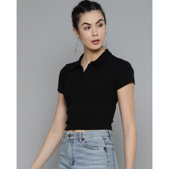 Women Solid Polo Collar T-shirt Black