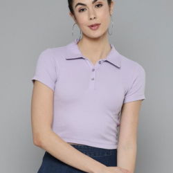Women Solid Polo Collar T-shirt  Lvn