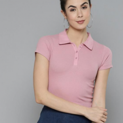 Women Solid Polo Collar T-shirt Pink