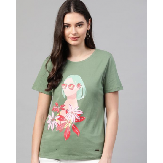 Women Printed Oversize Round Neck T-shirt Green