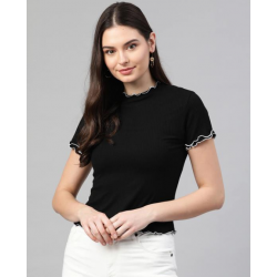Women Solid Ribbed Top Black