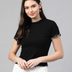 Women Solid Ribbed Top Black