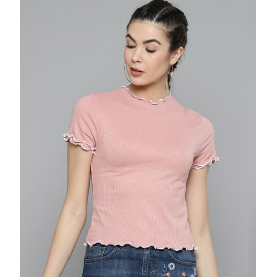Women Solid Ribbed Top Pink
