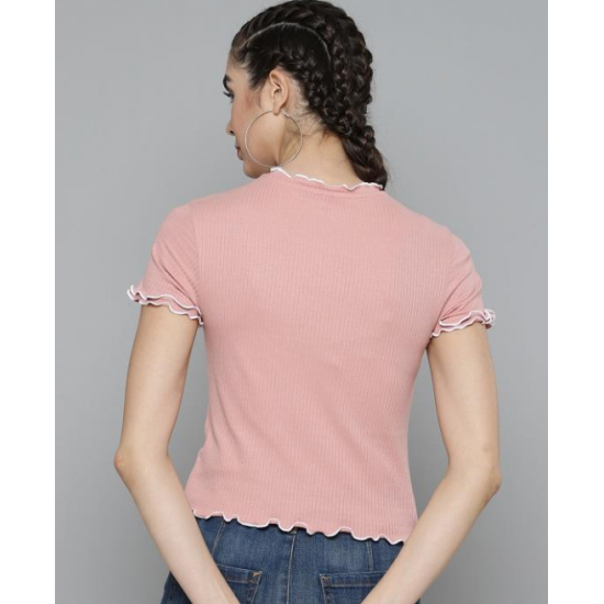 Women Solid Ribbed Top Pink