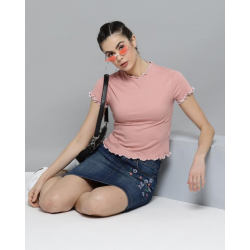 Women Solid Ribbed Top Pink