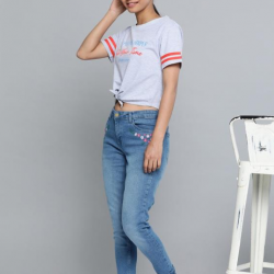 Printed Front Knot Crop Top Blue