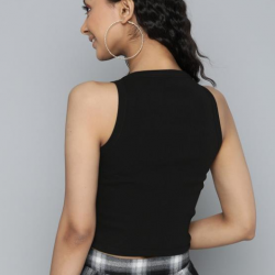 Women Ribbed Fitted Cut-Out Crop Top Black