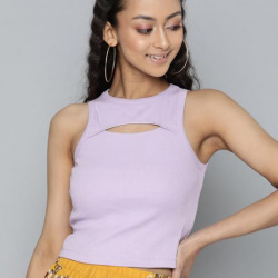 Women Ribbed Fitted Cut-Out Crop Top Lvn