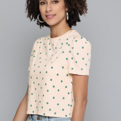 Polka Dot Print Puff Sleeves Top Beige 