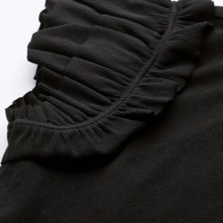 Women Flutter Sleeves Ribbed Fitted Top Black