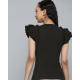 Women Flutter Sleeves Ribbed Fitted Top Black
