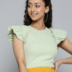 Women Flutter Sleeves Ribbed Fitted Top Green