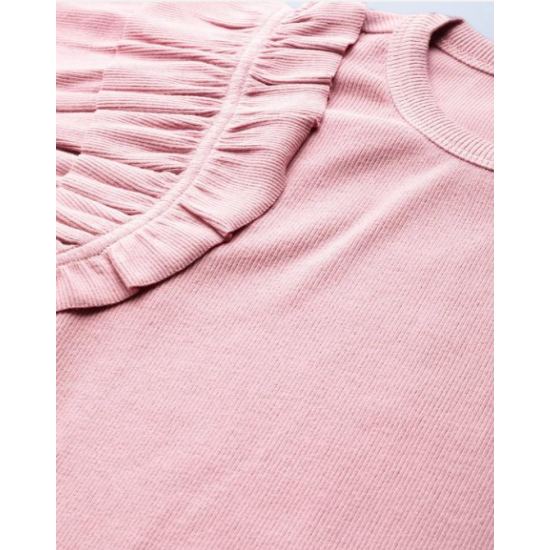 Women Flutter Sleeves Ribbed Fitted Top Pink