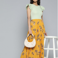 Women Flutter Sleeves Ribbed Fitted Top Green