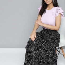 Women Flutter Sleeves Ribbed Fitted Top Lvn