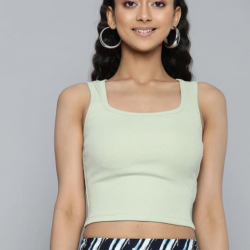 Women Ribbed Fitted Crop Top Green