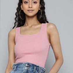 Women Ribbed Fitted Crop Top Pink