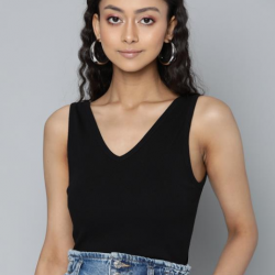 Women Ribbed Fitted Crop Top  Black