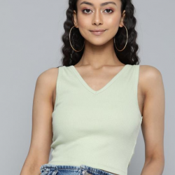 Women Ribbed Fitted Crop Top Green