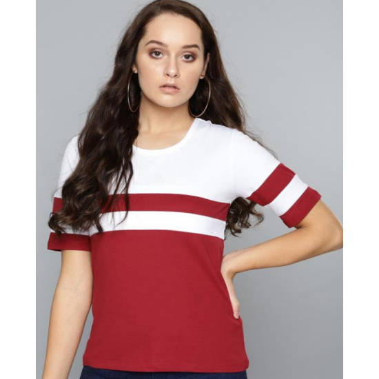 Women Maroon White Colorblock Round Neck T-Shirt