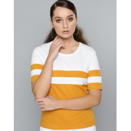 Women Yellow White Colorblock Round Neck T-Shirt