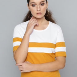 Women Yellow White Colorblock Round Neck T-Shirt