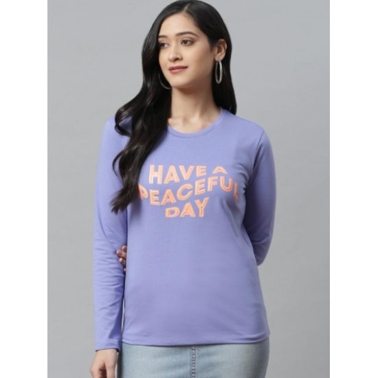 Women Printed Round Neck Full T-Shirt (Purple)