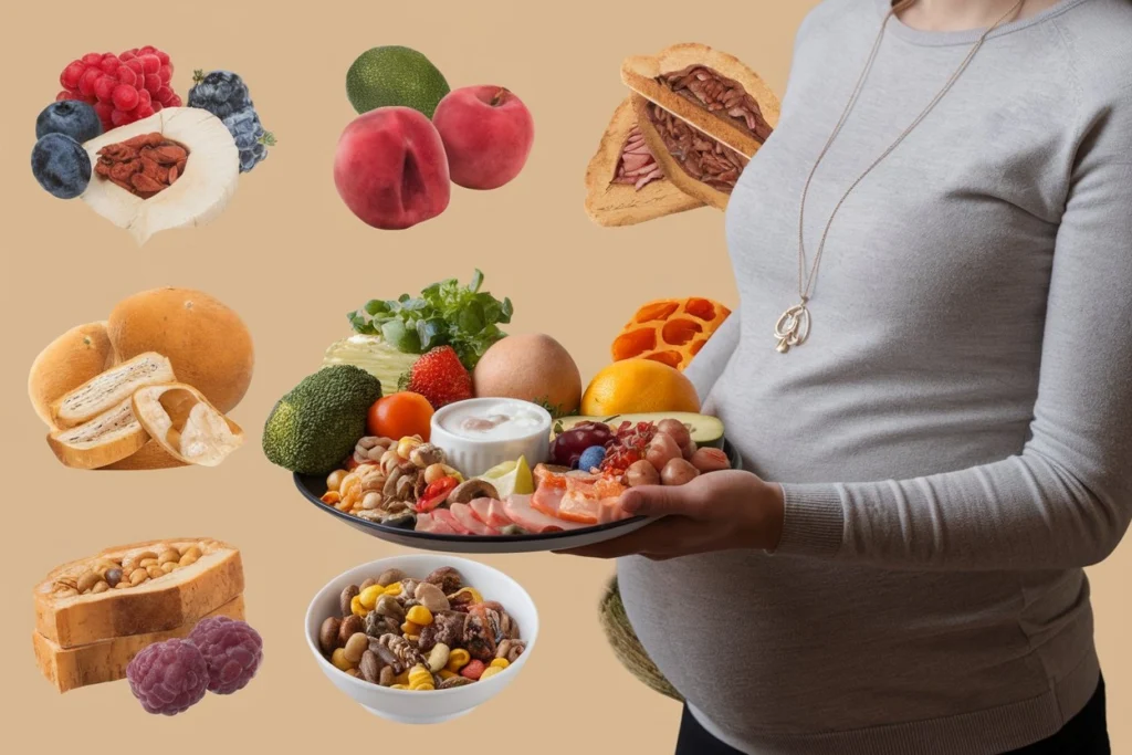 Foods to avoid during pregnancy: mercury-rich fish, soft cheeses, raw meat, raw eggs, caffeinated and alcoholic beverages