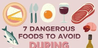 Foods to avoid during pregnancy: mercury-rich fish, soft cheeses, raw meat, raw eggs, caffeinated and alcoholic beverages