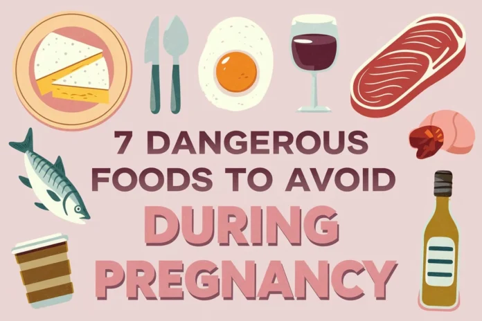 Foods to avoid during pregnancy: mercury-rich fish, soft cheeses, raw meat, raw eggs, caffeinated and alcoholic beverages