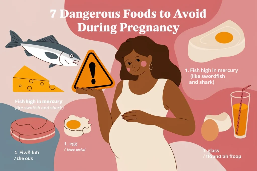 Foods to avoid during pregnancy: mercury-rich fish, soft cheeses, raw meat, raw eggs, caffeinated and alcoholic beverages