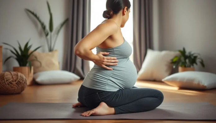 Pregnant woman practicing gentle stretches on a yoga mat to relieve tailbone pain