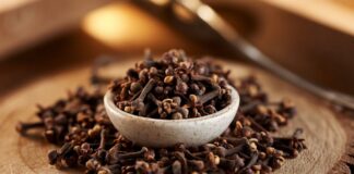 A small bowl filled with dried cloves on a rustic wooden surface, surrounded by scattered cloves, with warm earthy tones in the background.