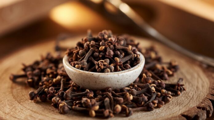 A small bowl filled with dried cloves on a rustic wooden surface, surrounded by scattered cloves, with warm earthy tones in the background.