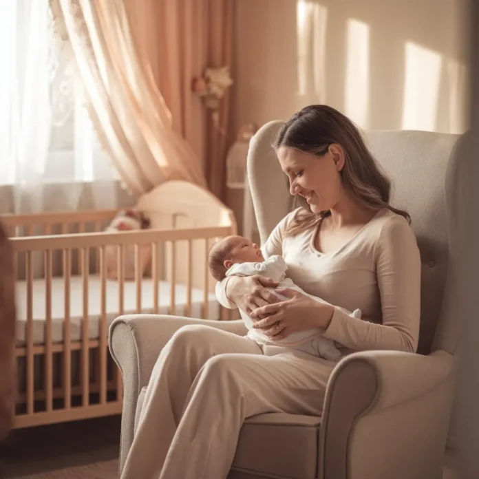 A serene and comforting scene of a new mother holding her baby in a cozy nursery, symbolizing the emotional journey of the baby blues