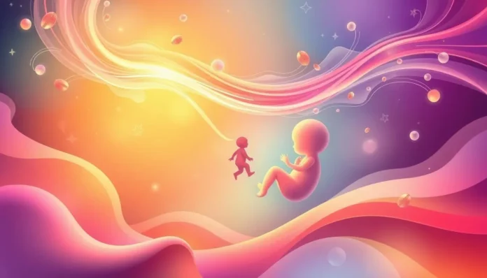 Abstract illustration of prenatal nutrition with nutrients flowing towards a developing fetus, symbolizing the connection between maternal nourishment and fetal growth